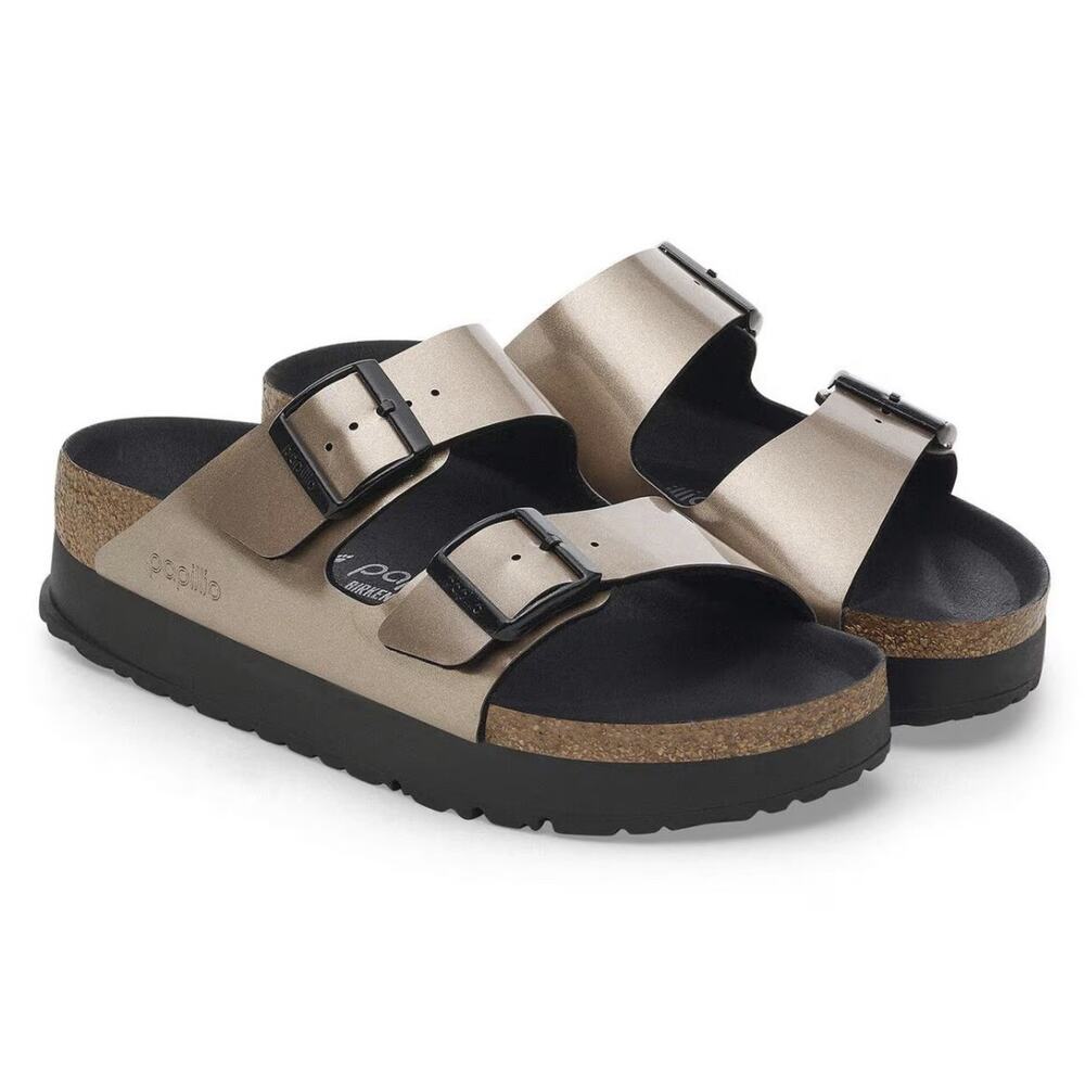 Birkenstock Papillio Arizona Platform Flex Women Sandals Metallic Taupe